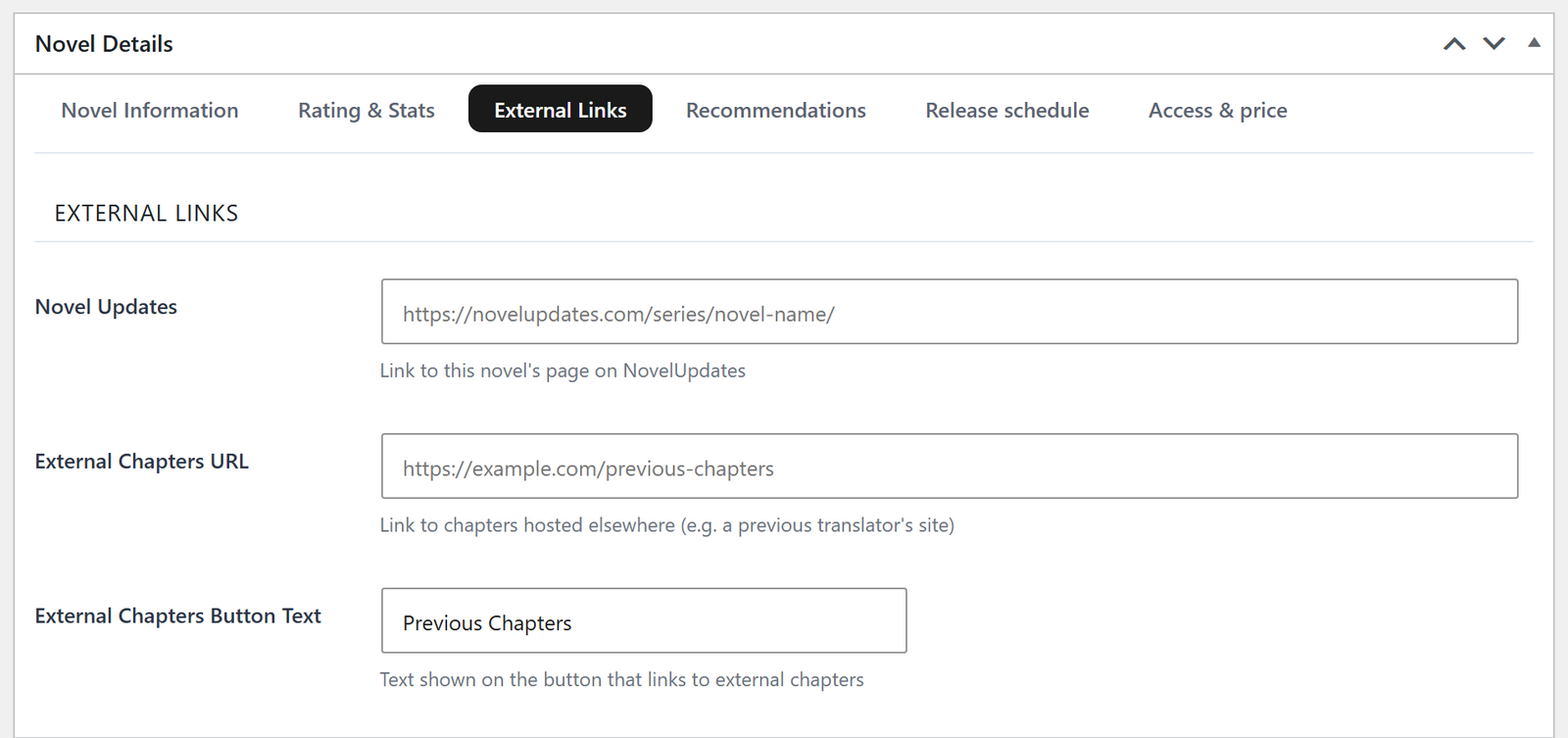The External Links tab: a NovelUpdates link, a URL for chapters hosted elsewhere, and the text for its button