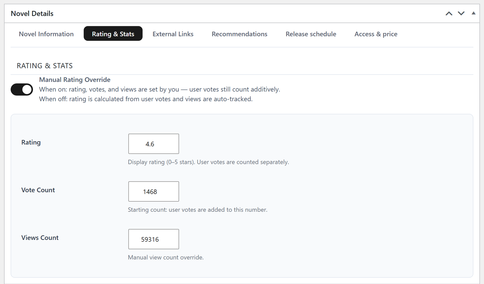 The Rating and Stats tab: display rating, starting vote count and a manual view override