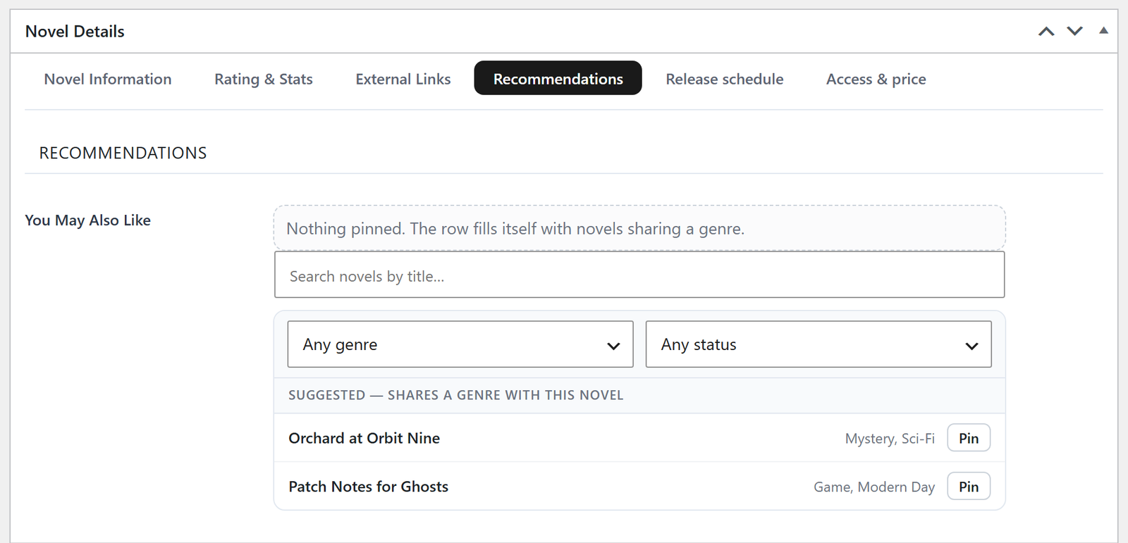 The Recommendations tab, with a search box for picking related novels