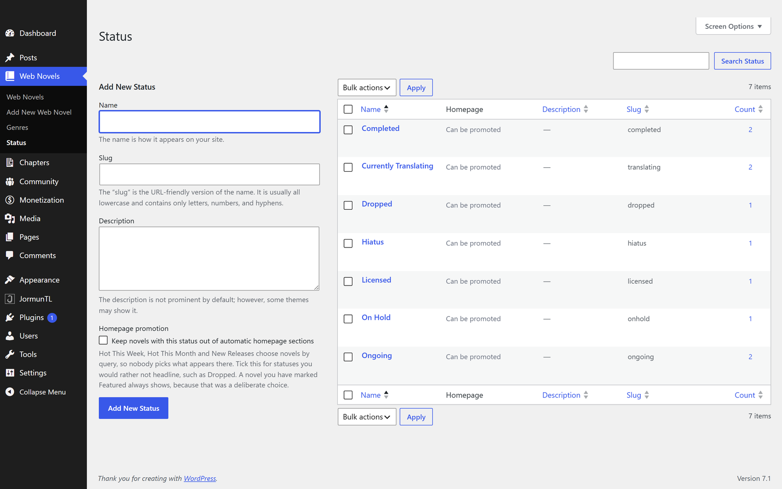 The Status screen, listing the shipped statuses and how many novels use each