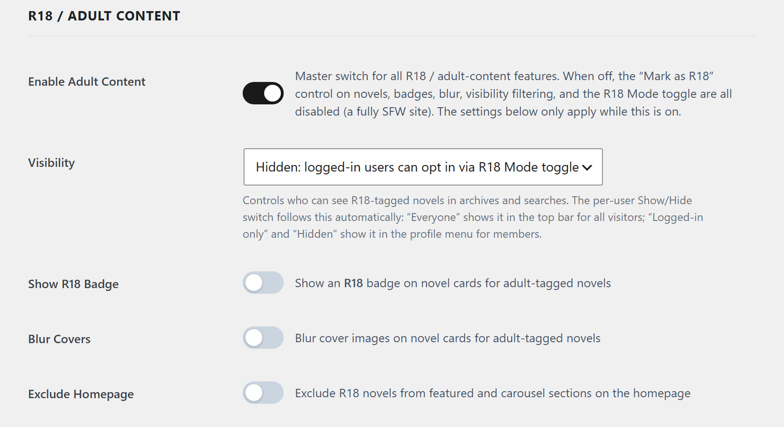 The Adult Content card: enable, visibility, badge, cover blurring and homepage exclusion