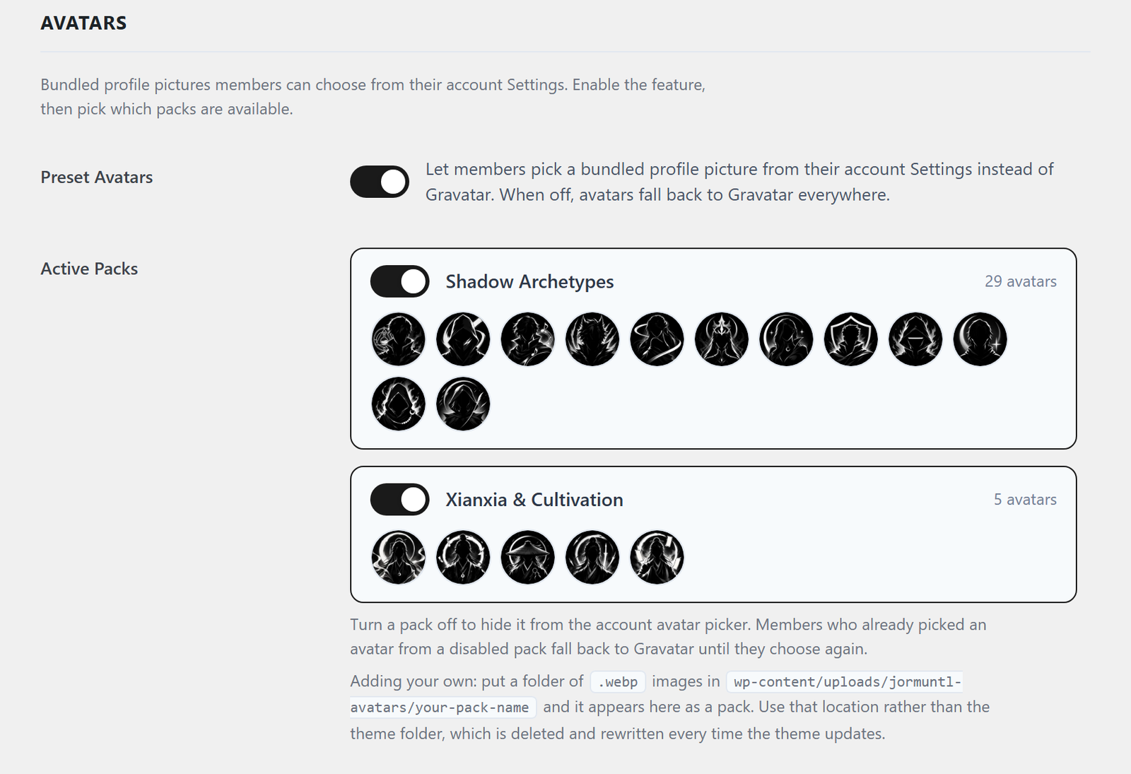 The Avatars card: preset avatars and the active packs