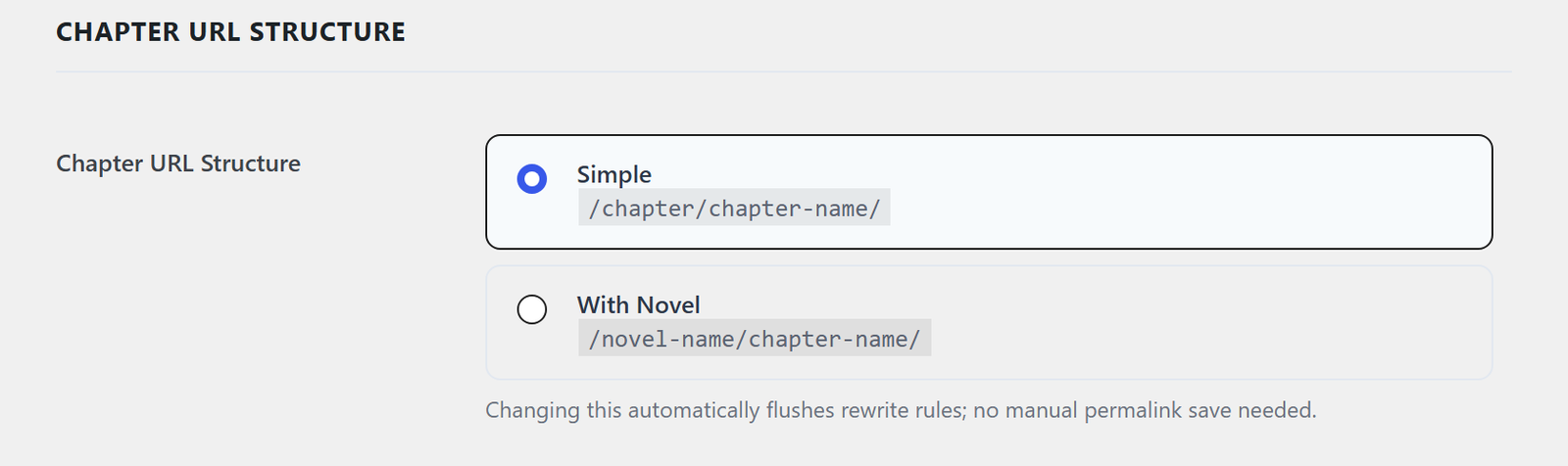 The Chapter URL Structure card, offering Simple and With Novel with an example of each