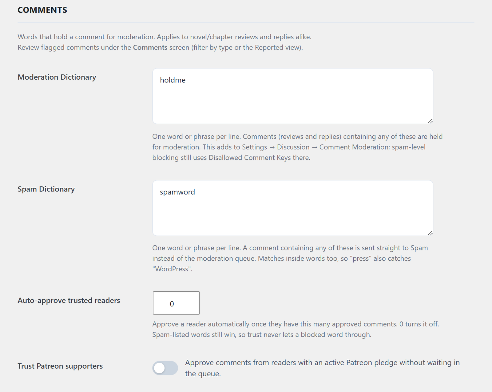 The Comments card: moderation and spam dictionaries, auto-approval and the Patreon trust switch