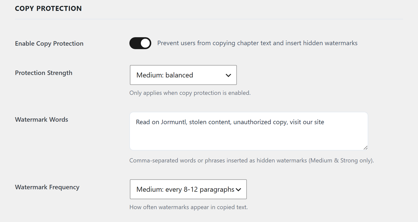The Copy Protection card: enable, strength, watermark words and watermark frequency
