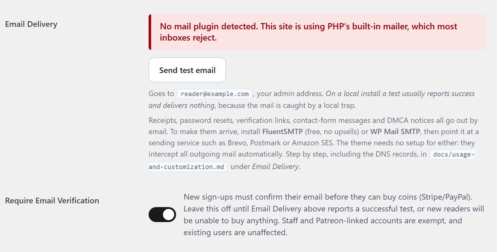 The Email Delivery row with its Send test email button, and the verification switch beneath it