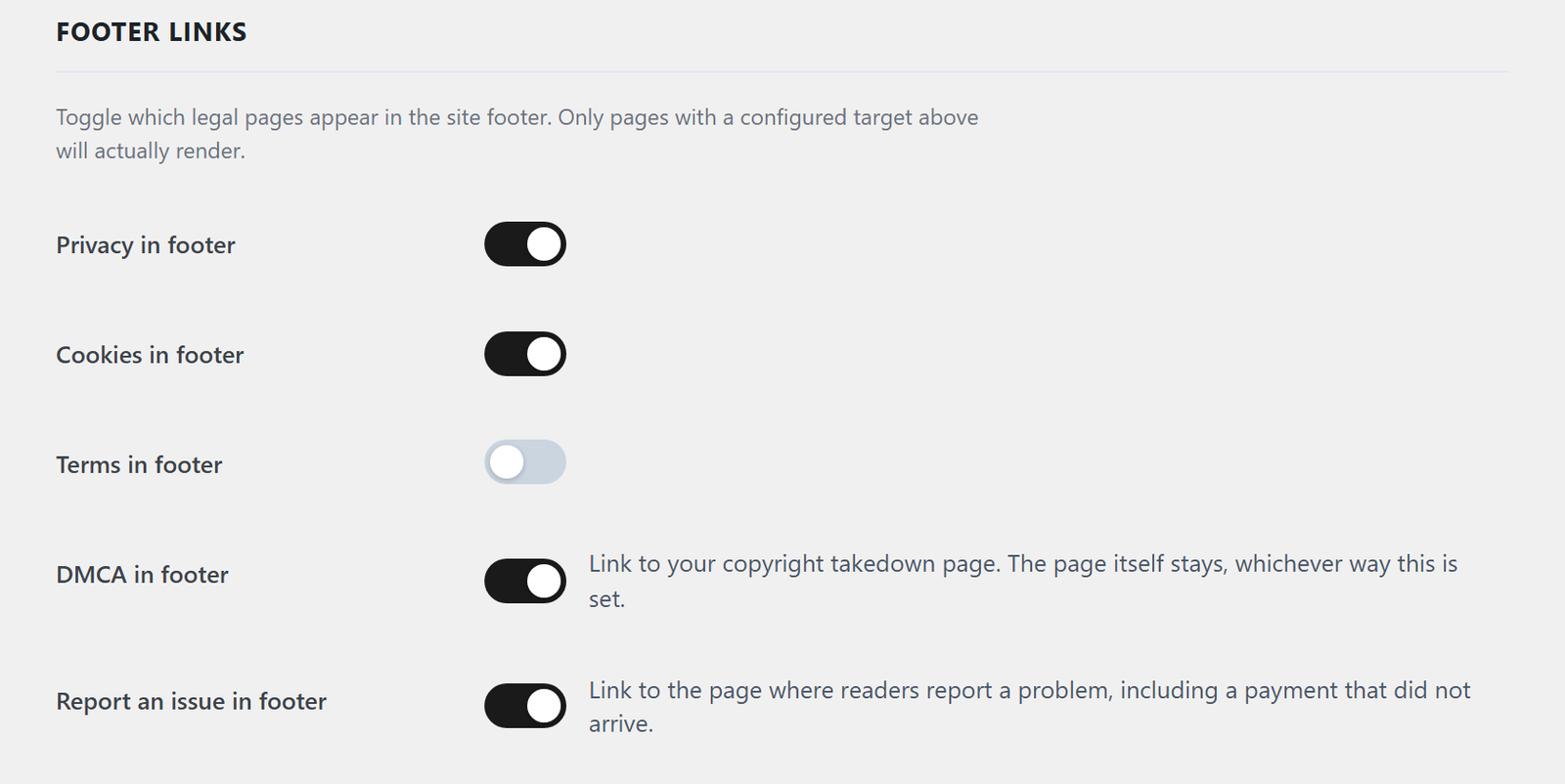 The Footer Links card, with a switch per legal page