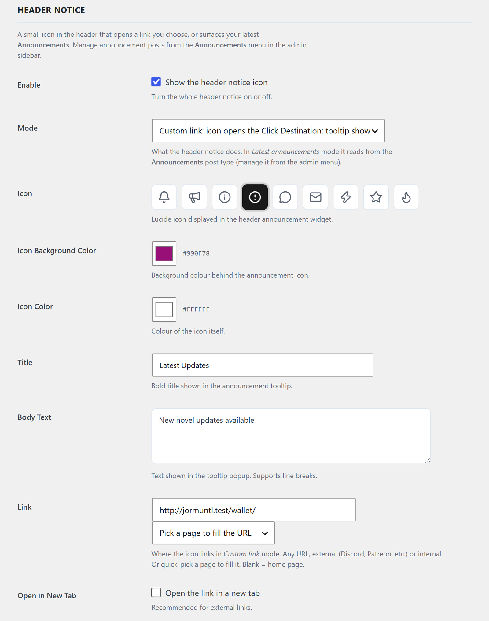 The Header Notice card: enable, mode, icon and its colours, title, body, link and open-in-new-tab