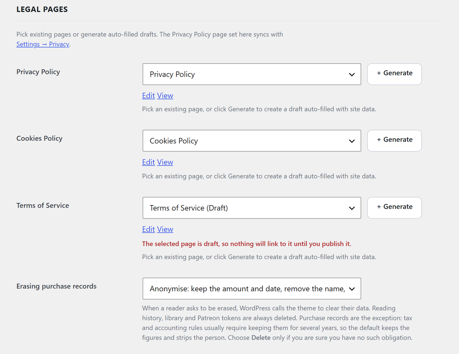 The Legal Pages card: pickers for the privacy, cookies and terms pages, and the erasure setting