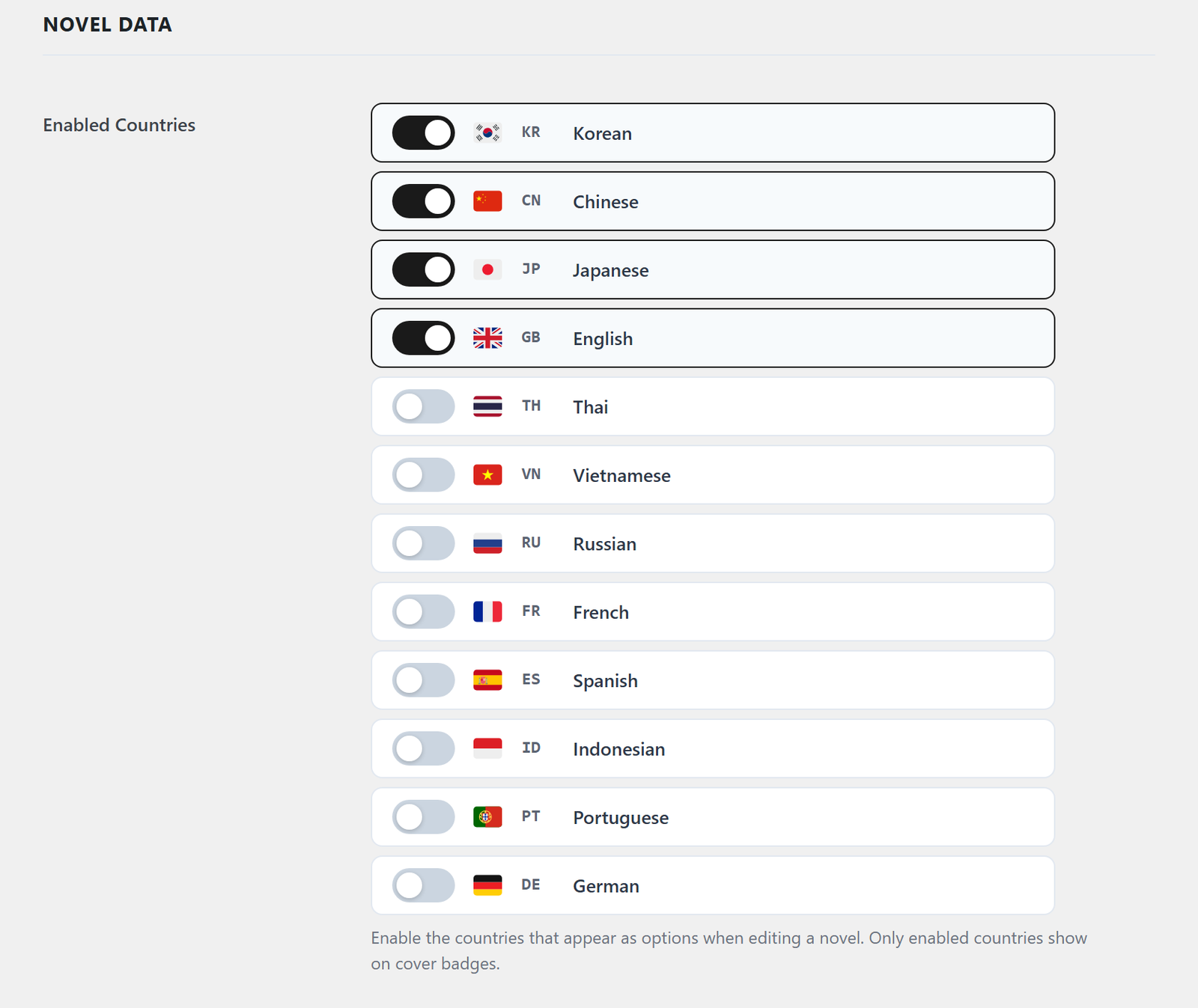 The Novel Data card, with the list of enabled countries