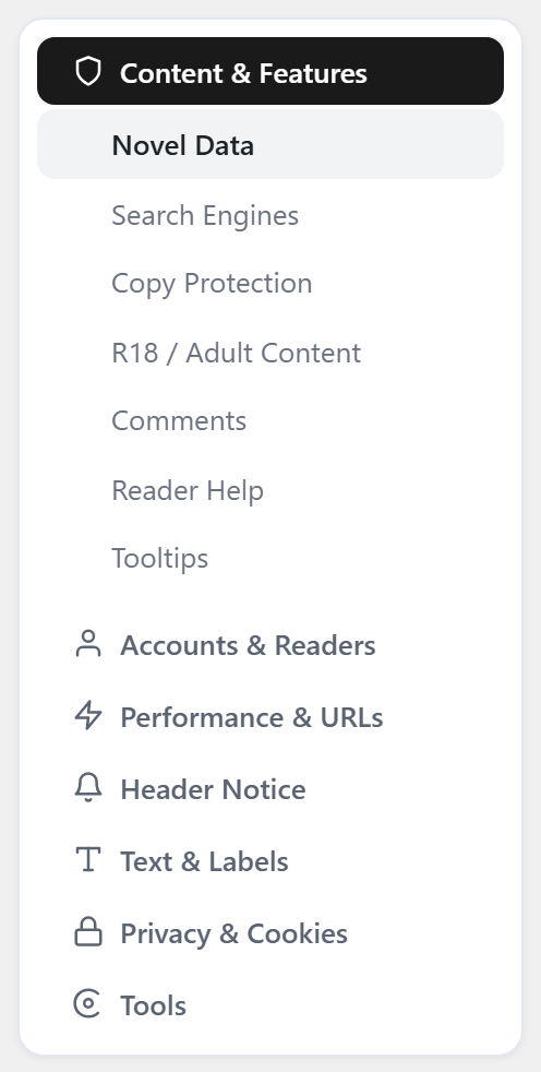 The Theme Options menu, with the seven tabs and the cards inside the open one