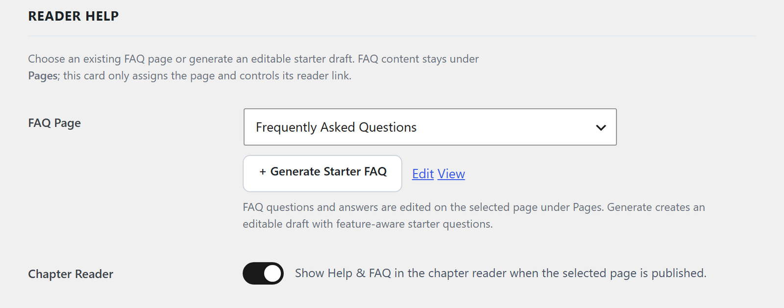 The Reader Help card: FAQ page and the chapter reader help switch