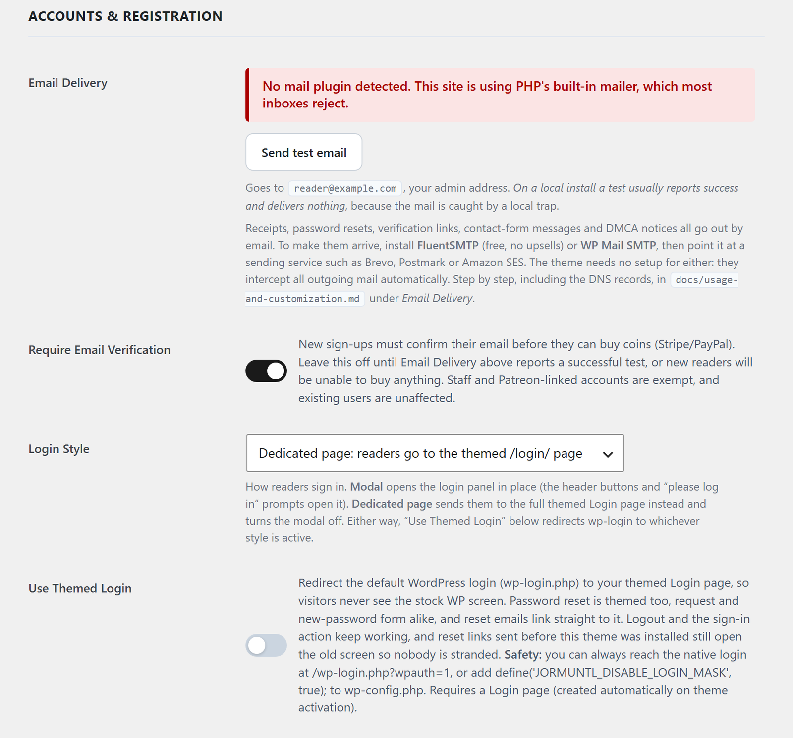 The Accounts and Registration card: email delivery with its test button, the verification switch, and the login style