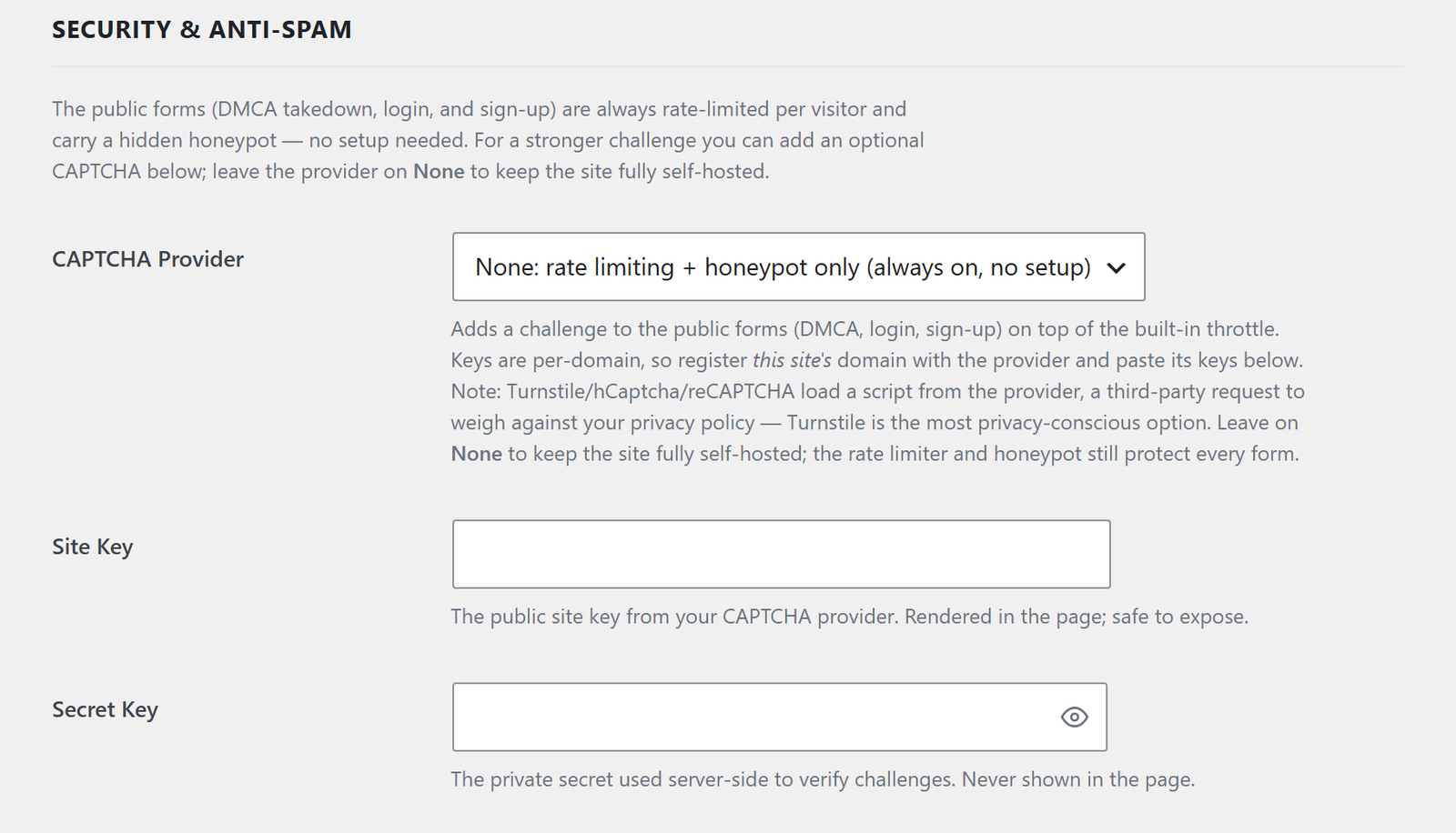The Security card: CAPTCHA provider, site key and secret key