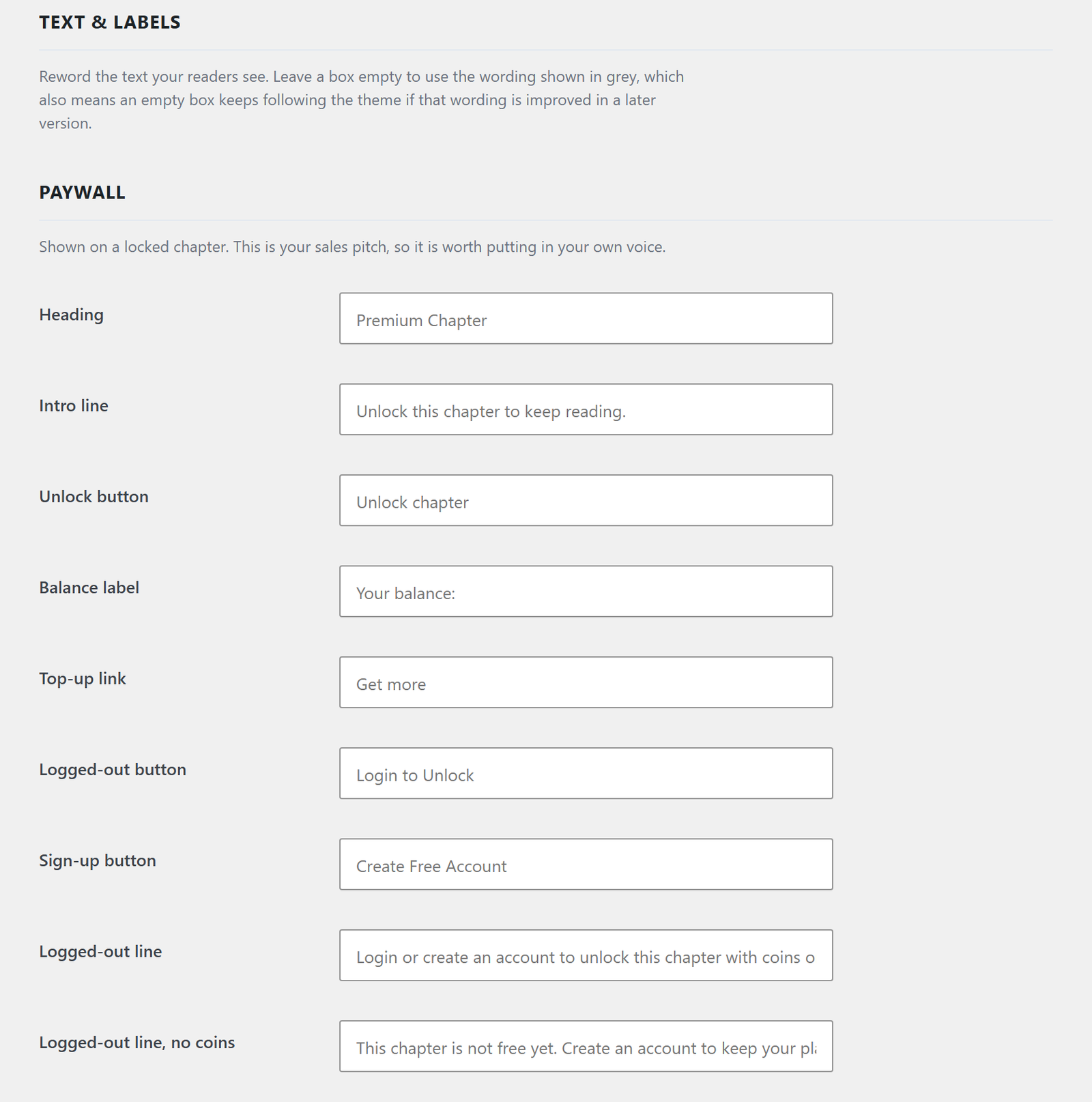 The Text and Labels tab, a list of the theme's own strings each with an empty box beneath