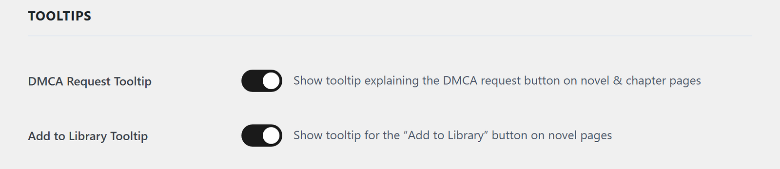 The Tooltips card: DMCA request and add to library