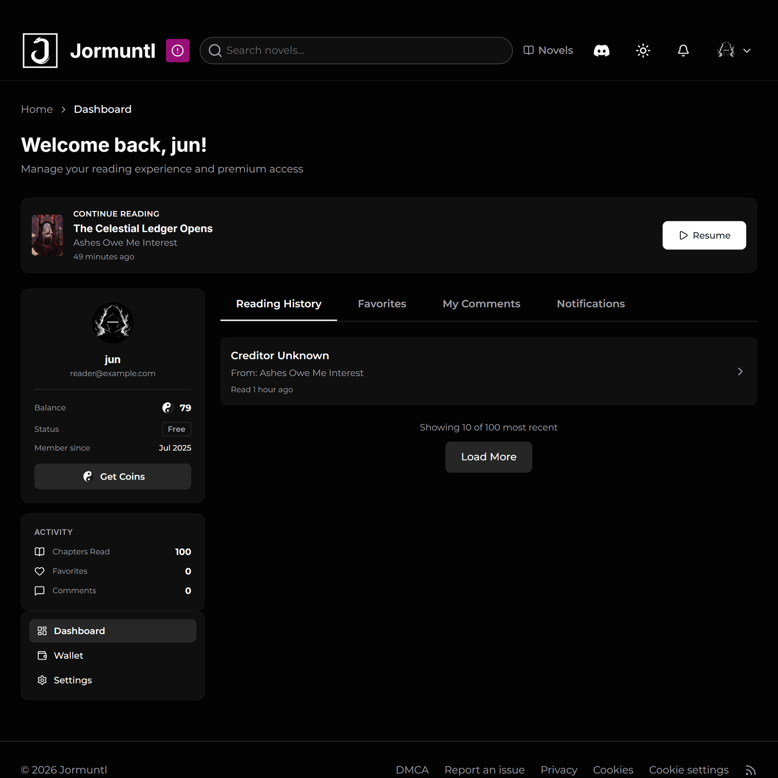 The reader dashboard, with tabs for history, favourites, comments and notifications