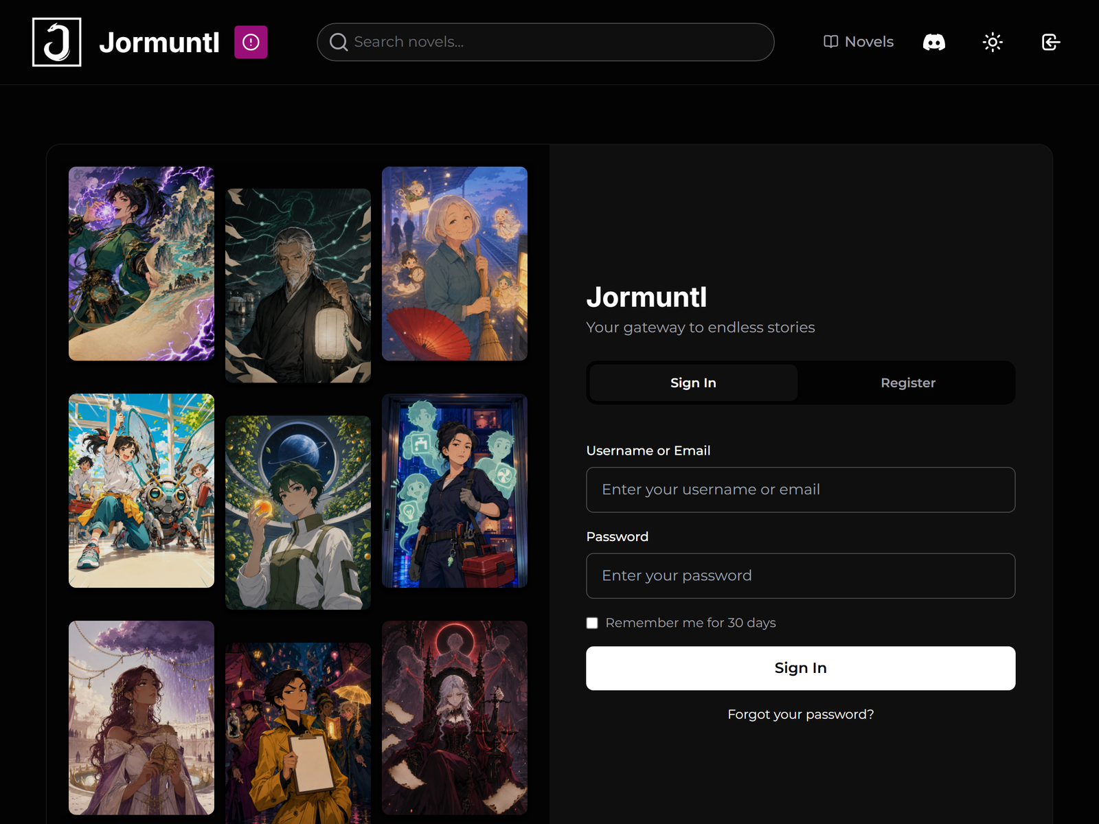 The sign-in page, a full screen with the form beside a wall of covers