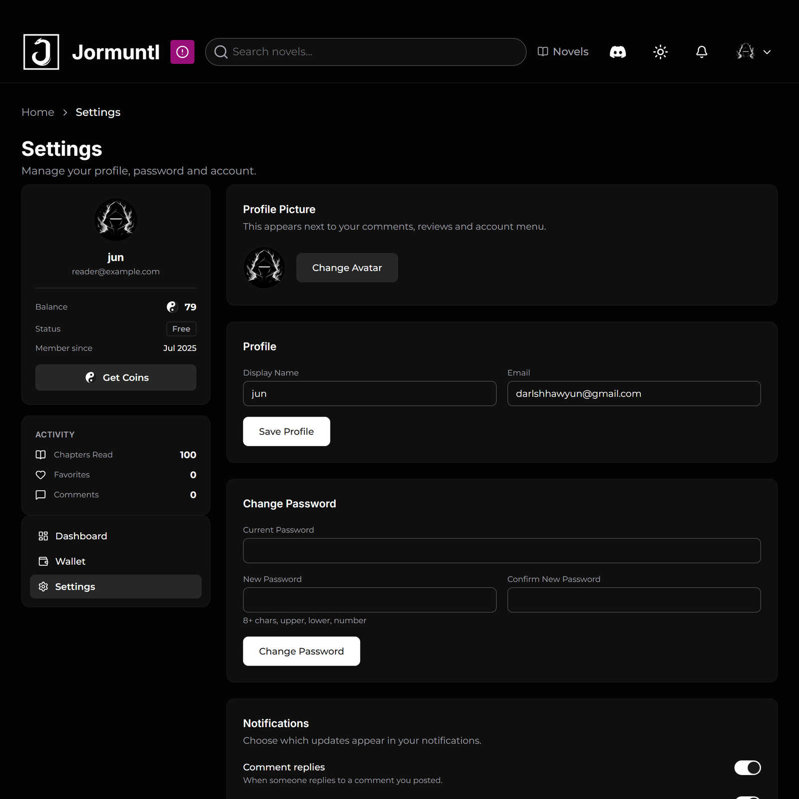 The reader settings page